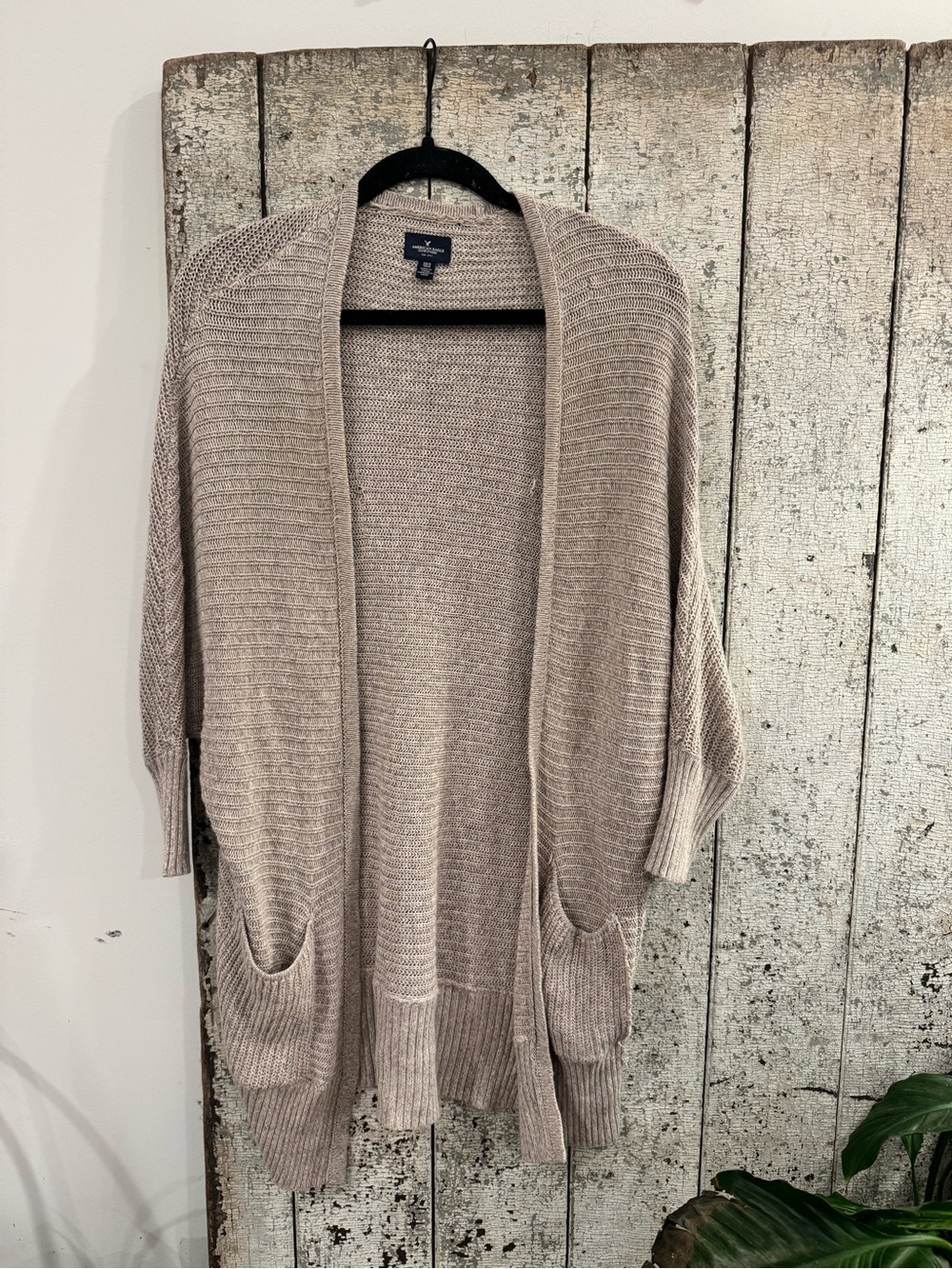 American Eagle Open Knit Cardigan XS/S Taupe Oatmeal Oversized Pocket Sweater